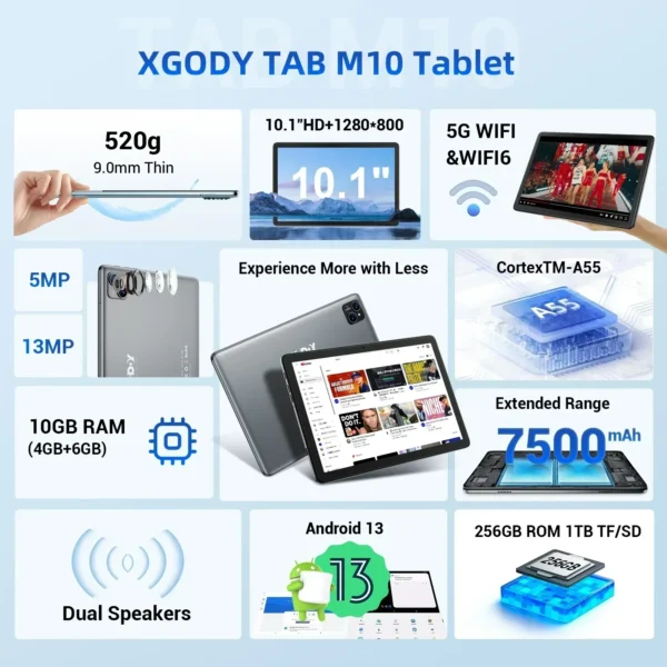 XGODY 10inch Android Tablet Octa-core IPS Screen 10GB 256GB PC Ultra-thin 5GWiFi Bluetooth Type-C 7000mAh Tablets With Keyboard - Image 3