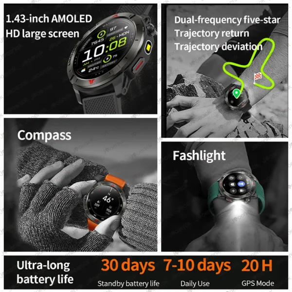 New Built-in GPS Smart Watch 1.43" Amoled HD Display Compass LED Light Outdoor Sports 410mAh Large Battery BT Call SmartWatch - Image 4