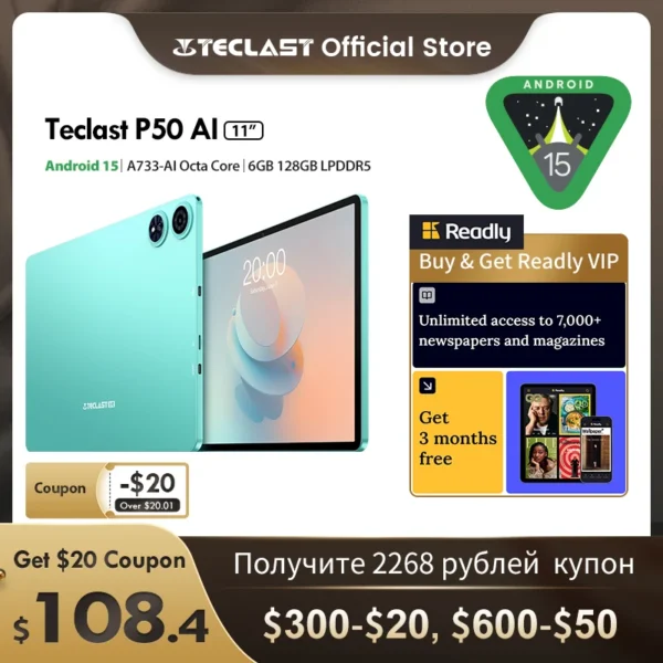 【New】Android 15 Teclast P50 AI Tablet 11" 90Hz Screen AllWinner A733-AI Octa-Core 6GB 128GB LPDDR5 Wifi-6 7000mAh Battery AI Tab
