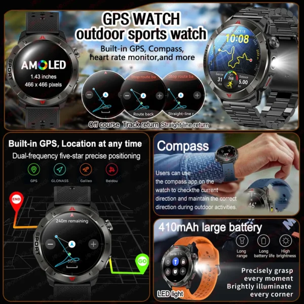New Built-in GPS Smart Watch 1.43" Amoled HD Display Compass LED Light Outdoor Sports 410mAh Large Battery BT Call SmartWatch - Image 2