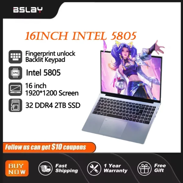 Gaming Laptop 16inch Intel 5805 32 RAM 2TB SSD DDR4 Window11 HD Camera Fingerprint Unlock 8 Cores 16 Threads Portable Computer