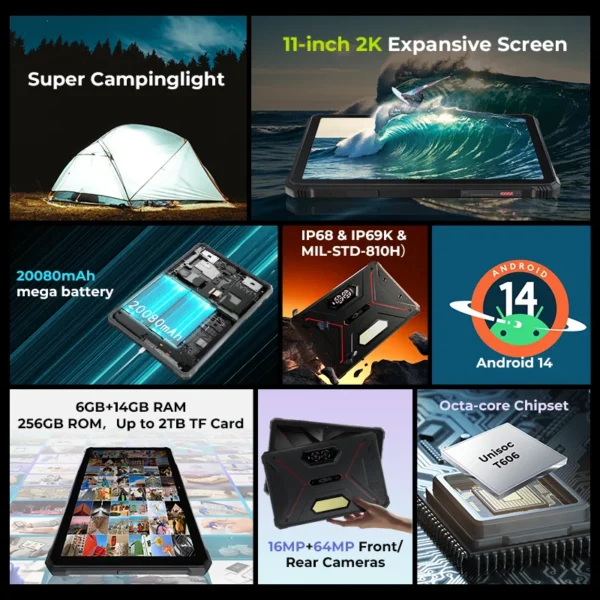 2024 original HOTWAV R9 Pro Rugged Tablets Android 14 11" FHD +20080Mah tablet 16MP+64MP Camera 6GB+256GB Camping light ipad - Image 2