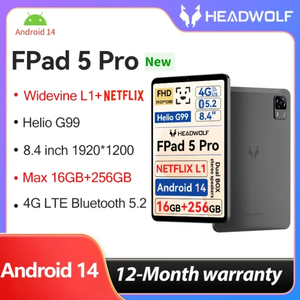 HEADWOLF FPad5 Pro 8.4 inch Android 14 Tablet Max 16 Ram 256GB ROM UFS2.1 Octa-core G99 Tablet PC 5500 mAh Support WideVine L1