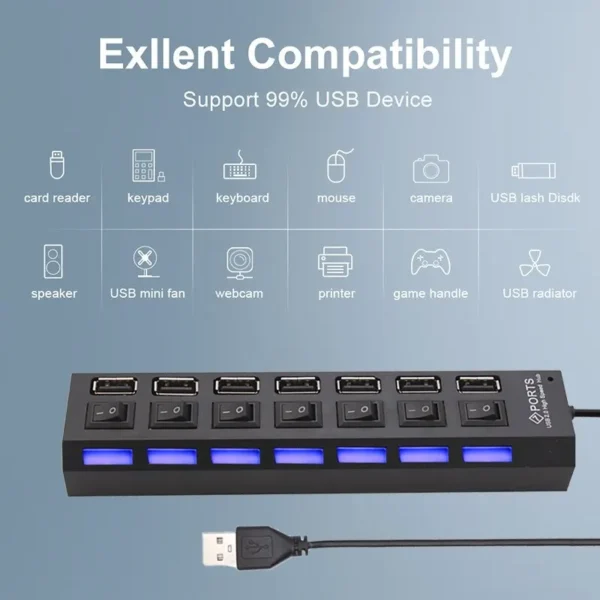Switch Extension Hub 7-port USB2.0 Hub Computer USB Extension Hub One Drag Seven USB2.0 Splitter PC Laptop Desktop - Image 4