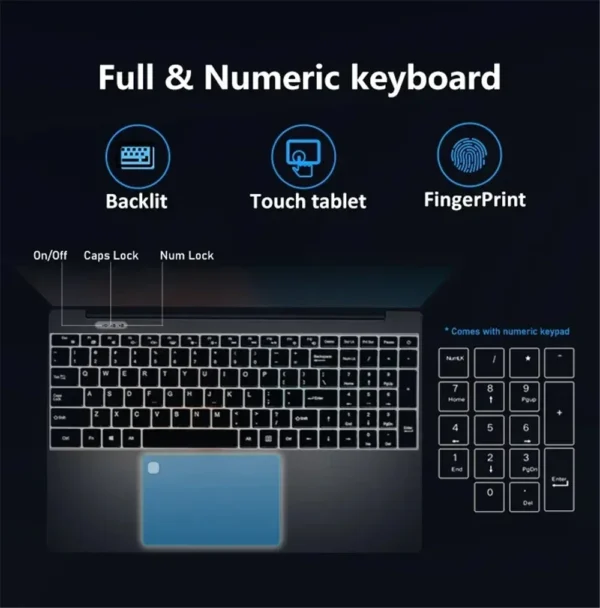New N5095 Laptop 16/32GB RAM 1024GB SSD Intel Windows 11 Pro Office Gaming Notebook Computer Fingerprint Unlock Backlit Keyboard - Image 6