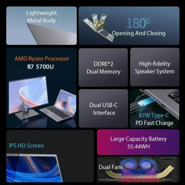 CARBAYTA 15.6 Inch AMD Ryzen 7 5700U Gaming Laptops Max Ram 64GB DDR4 MAX Rom 4TB SSD Windows10 11 Pro Notebook Bluetooth WIFI - Image 2