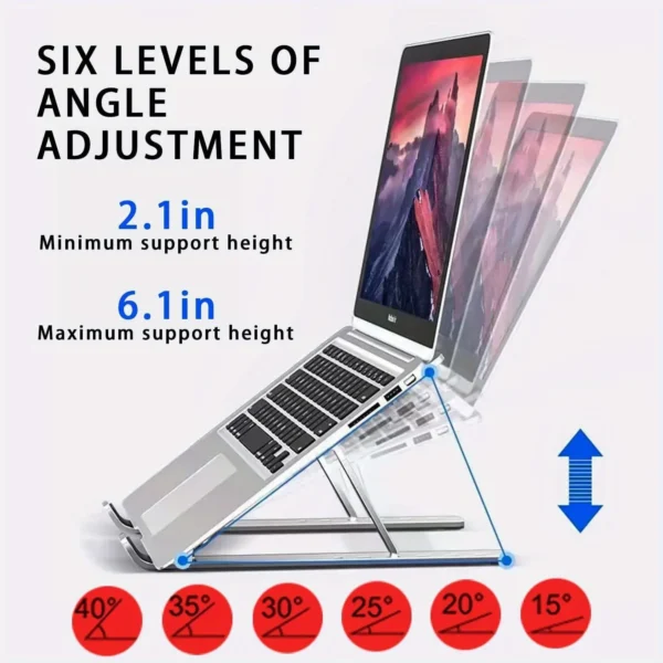 Adjustable Aluminum Laptop Stand - 6-Level Height, Foldable & Portable Design For 8-16” Laptops, Enhanced Ventilation & Heat - Image 3
