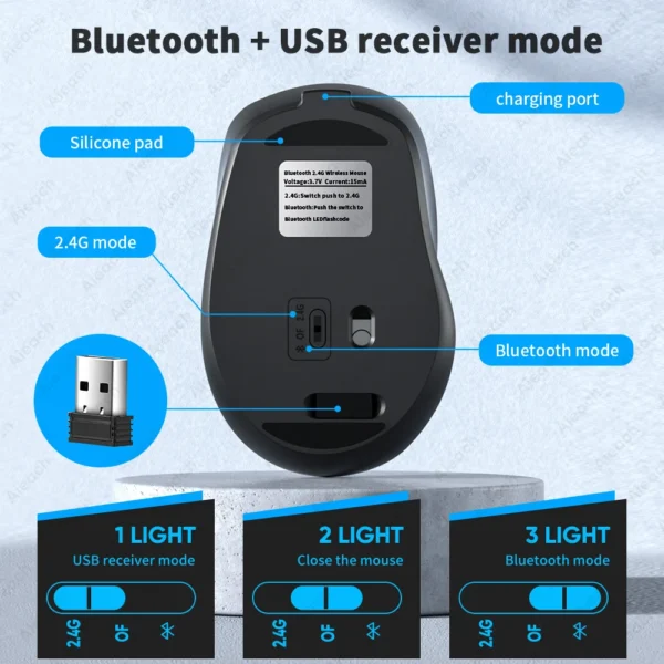 AIEACH Ergonomic Bluetooth Mouse 1600DPI for MacBook Tablet Laptop Rechargeable Wireless Mouse 2.4GHz USB PC Setup Accessories - Image 2