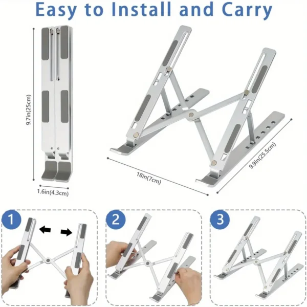 Adjustable Aluminum Laptop Stand - 6-Level Height, Foldable & Portable Design For 8-16” Laptops, Enhanced Ventilation & Heat - Image 2