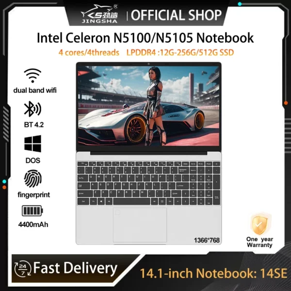 JINGSHA 14.1" Slim Laptop 12GB RAM 512GB SSD Intel N5100 N5105 Notebook 14SE Gamer 1366*768 Office Study Computer PC DOS BT4.2