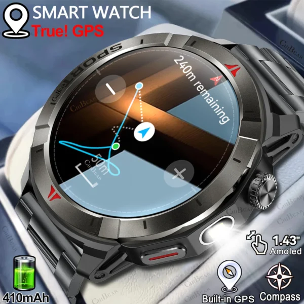 Military Built-in GPS Smart Watch Men Gift 4GB RAM 1.43" AMOLED Screen Compass LED Light 410mAh Battery Sport BT Call Smartwatch