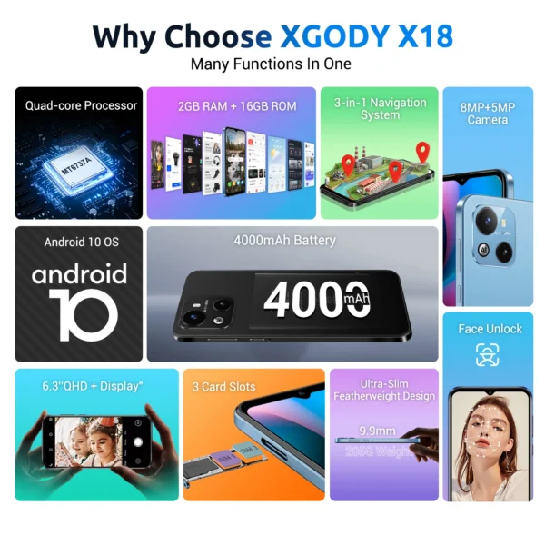 XGODY X18 Smartphone 4G Cell Phone 6.3" 2GB RAM+16GB ROM Mobile Phone 4000mAh Google Play Store Dual SIM Android 10.0 Quad Core - Image 3