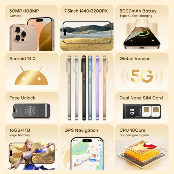 Original For Brand 16GB+1TB For Smartphone 7.3 inch XS16 Pro+ Full Screen 4G 5G Cell Phone 8000mAh Mobile Phones Global Version﻿ - Image 2