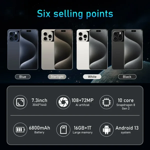 New I15 Pro High-end Smartphone 7.3 HD Second Screen Cellphone 5G Android13 Mobile Phone 16G+1T Dual Sim Celulares 108MP 6800Mah - Image 2