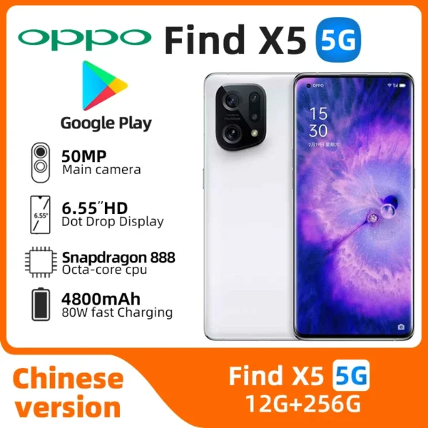 Oppo Find X5 5G Mobile Phone Snapdragon 888 Android 12.0 6.55inch Screen 120HZ 80W Charger 50.0MP Camera Used Phone