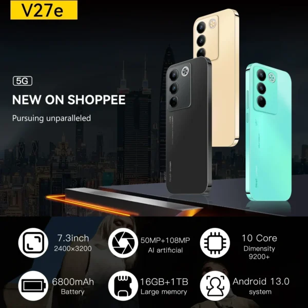Cellphones V27e 7.3 Inch 5G Original Smartphone Dual SIM Android 13 Cell Phone 6800mAh Global Version 108MP Smart Mobile Phones - Image 2