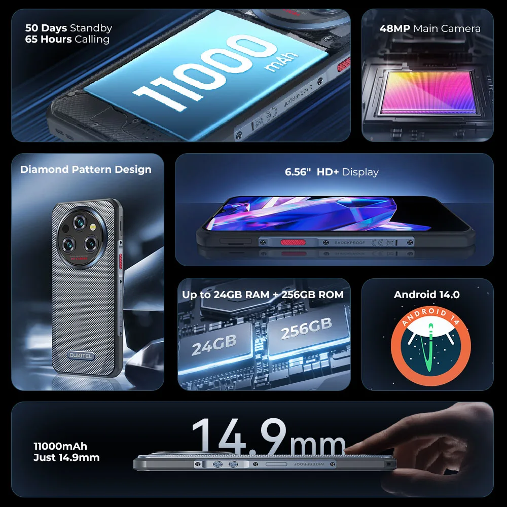 Oukitel WP35 S Rugged Phone 6.56" HD+ 24GB(6+18)+256GB 11000mAh Mobile Phones androids NFC rugged Smartphone Business phone - Image 4