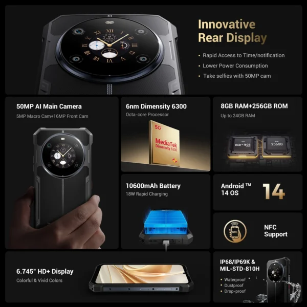 Fossibot F109 5G Rugged Phone 6.745" Android 14 8GB+256GB Mobile Phone 10600mAh 64MP NFC Smartphone - Image 2
