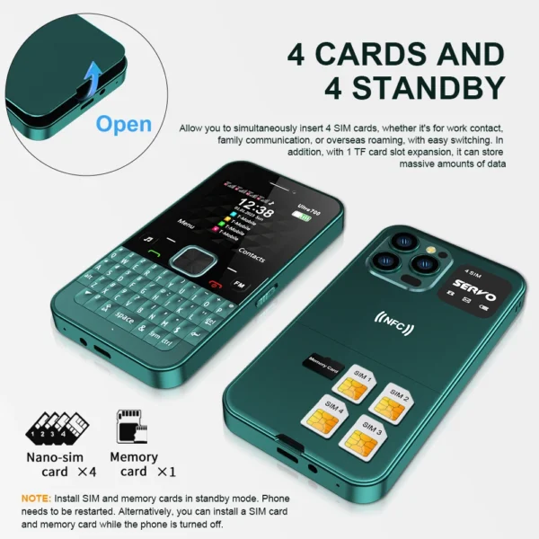 SERVO Ultra700 QWERTY 4 SIM Standby Mobile Phone 2G GSM Flashlight Call Recording Speed Dial 2.4" Telephones NFC Access Unlock - Image 2