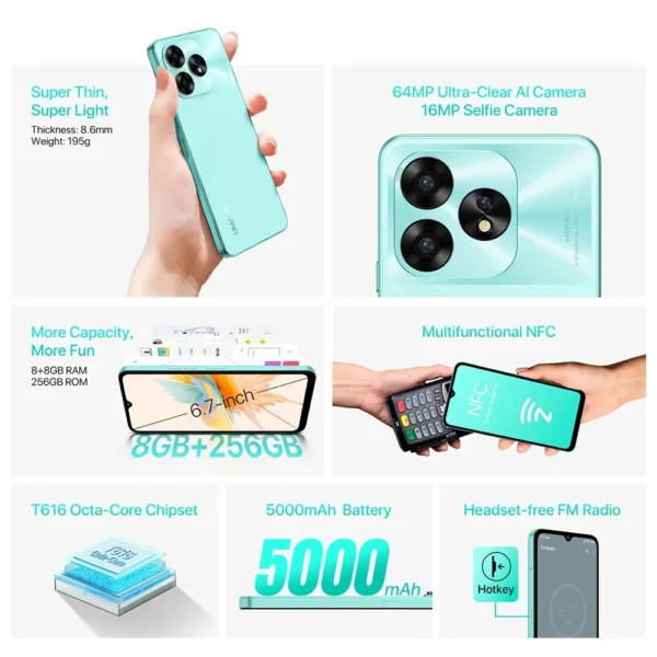 UMIDIGI A15, A15C Smartphone NFC Android 13 ,6.7" FHD+Screen, 8GB 256GB, 64MP Camera,5000mAh 20W Fast Charging Mobile phone - Image 2