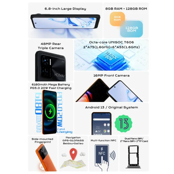 HOTWAV Note 12 8GB+128GB Smartphone 6.8'' HD+ Android 13 NFC Octa-Core Mobile Phone 48MP 6180mAh PD3.0 20W Charging Cellphone - Image 2